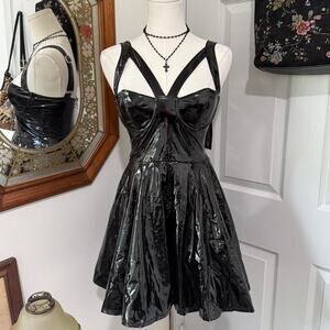 NWT Dolls Kill Current Mood Black Patent Leather Vinyl Strappy Emo Mini Dress XS